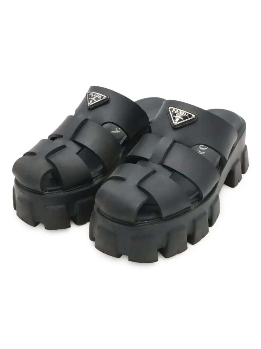 Prada Triangle Logo Monolith Rubber Sandals Platform Nero Black